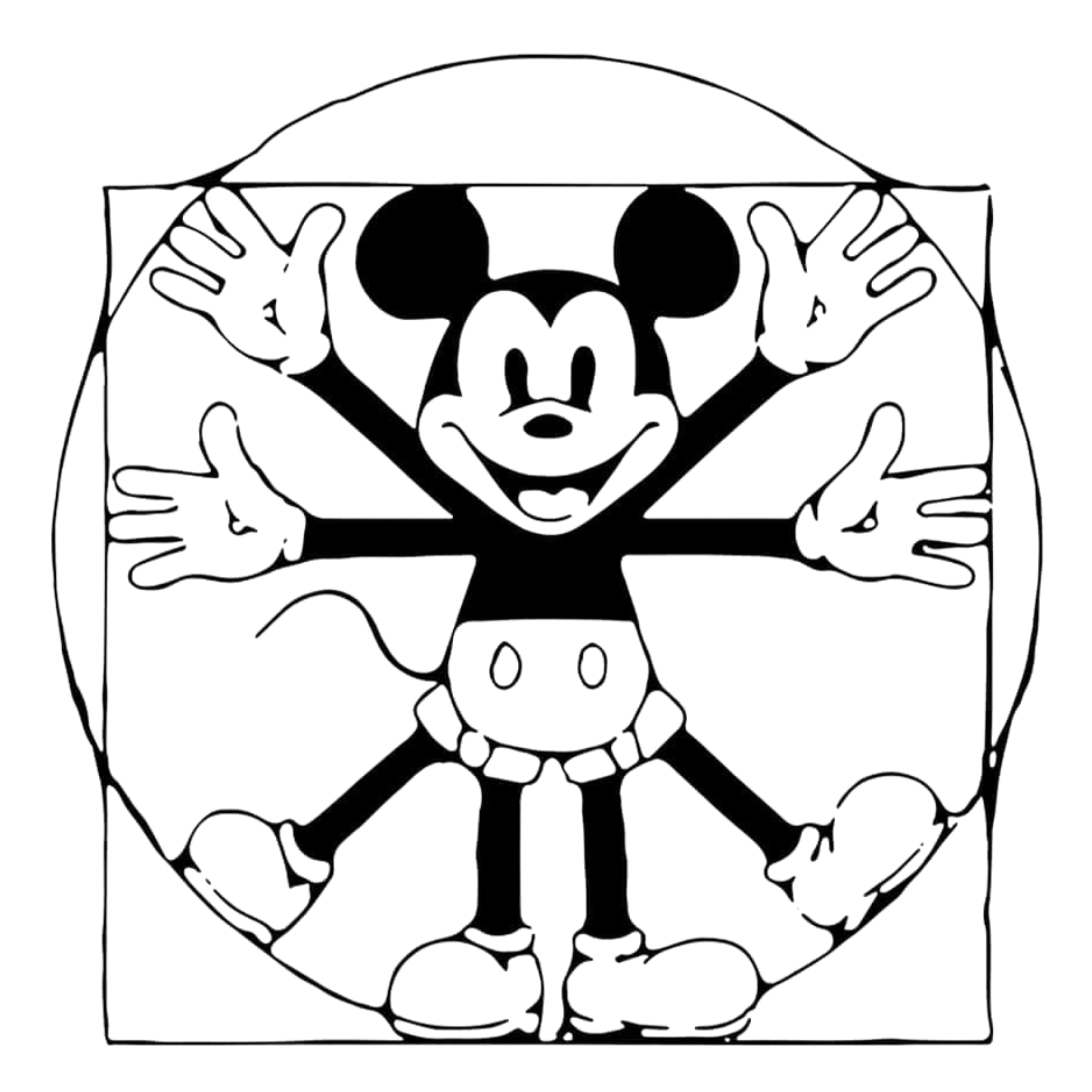 Black and white illustration of cartoon mouse character in Vitruvian pose with multiple arms and legs.